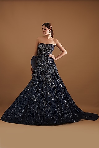 Navy Blue Embellished Gown by Dolly J