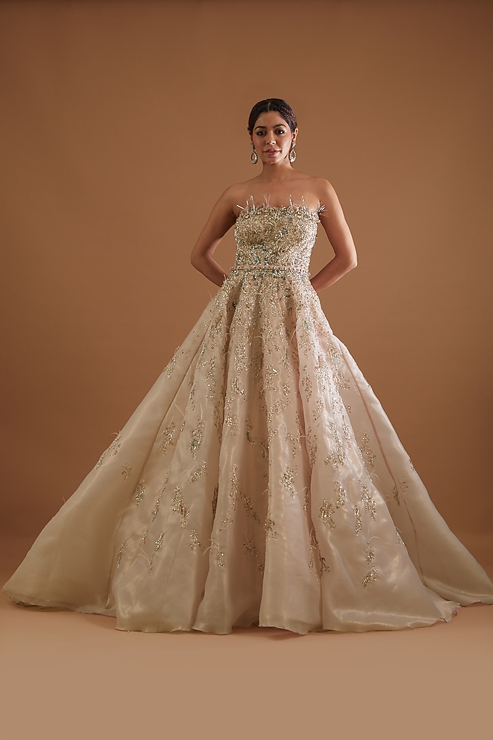 Metallic Blush Pink Embroidered Bridal Gown by Dolly J at Pernia's Pop Up Shop