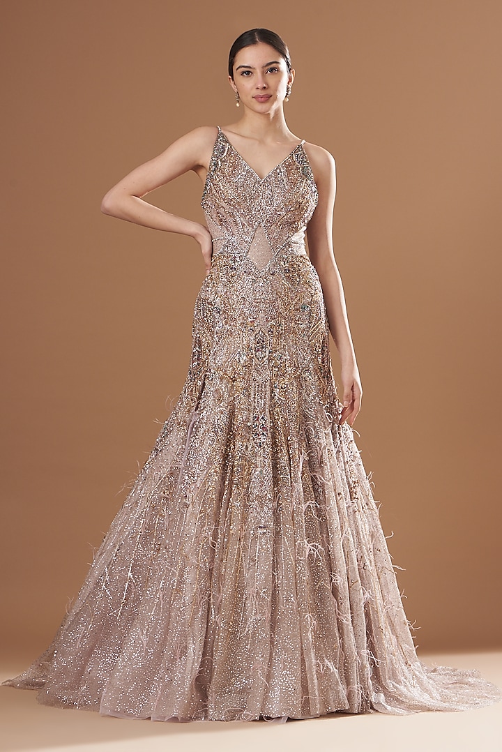 Dusty Lilac Handwoven Organza Sequins Embellished Bridal Gown by Dolly J at Pernia's Pop Up Shop