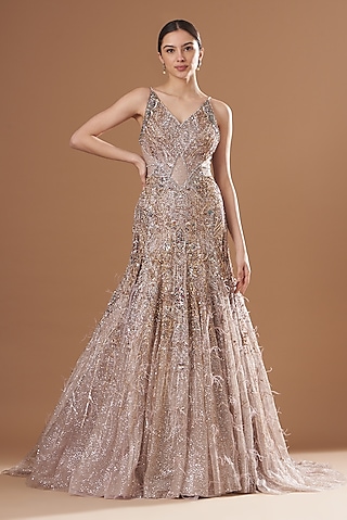 Dusty Lilac Handwoven Organza Sequins Embellished Gown by Dolly J