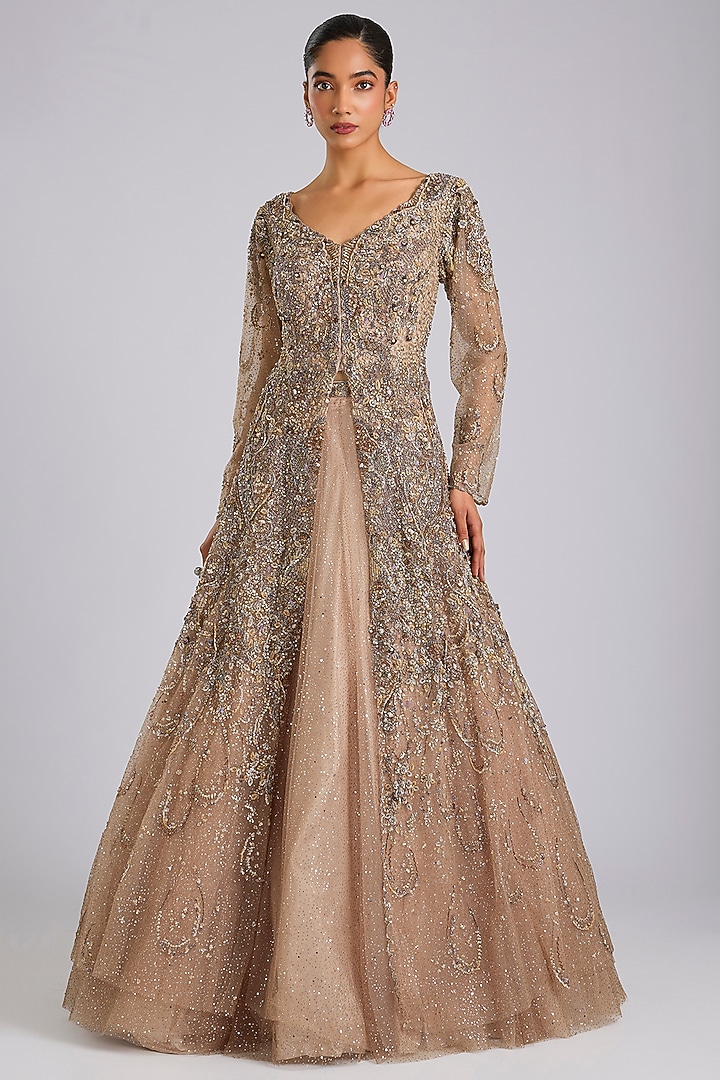 Pink Shimmer Tulle Embroidered Jacket Bridal Lehenga Set by Dolly J at Pernia's Pop Up Shop