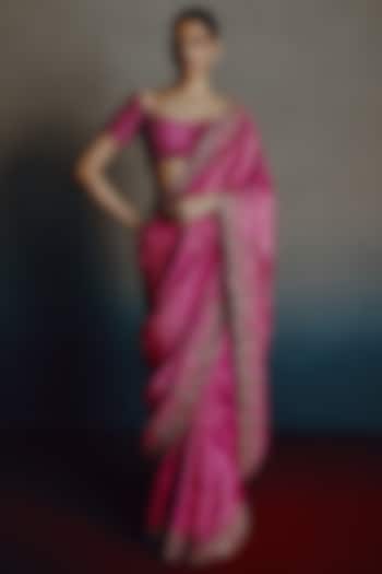 Fuchsia Pink Banarasi Silk Hand Embroidered Reception Saree Set by Dolly J at Pernia's Pop Up Shop