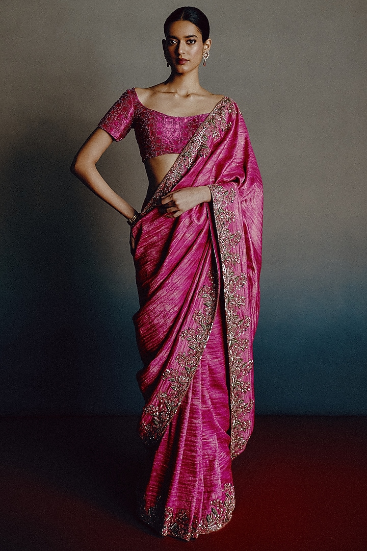 Fuchsia Pink Banarasi Silk Hand Embroidered Reception Saree Set by Dolly J at Pernia's Pop Up Shop