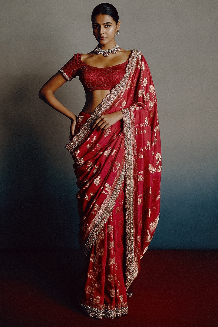 Blood Red Banarasi Silk Hand Embroidered Bridal Saree Set by Dolly J at Pernia's Pop Up Shop