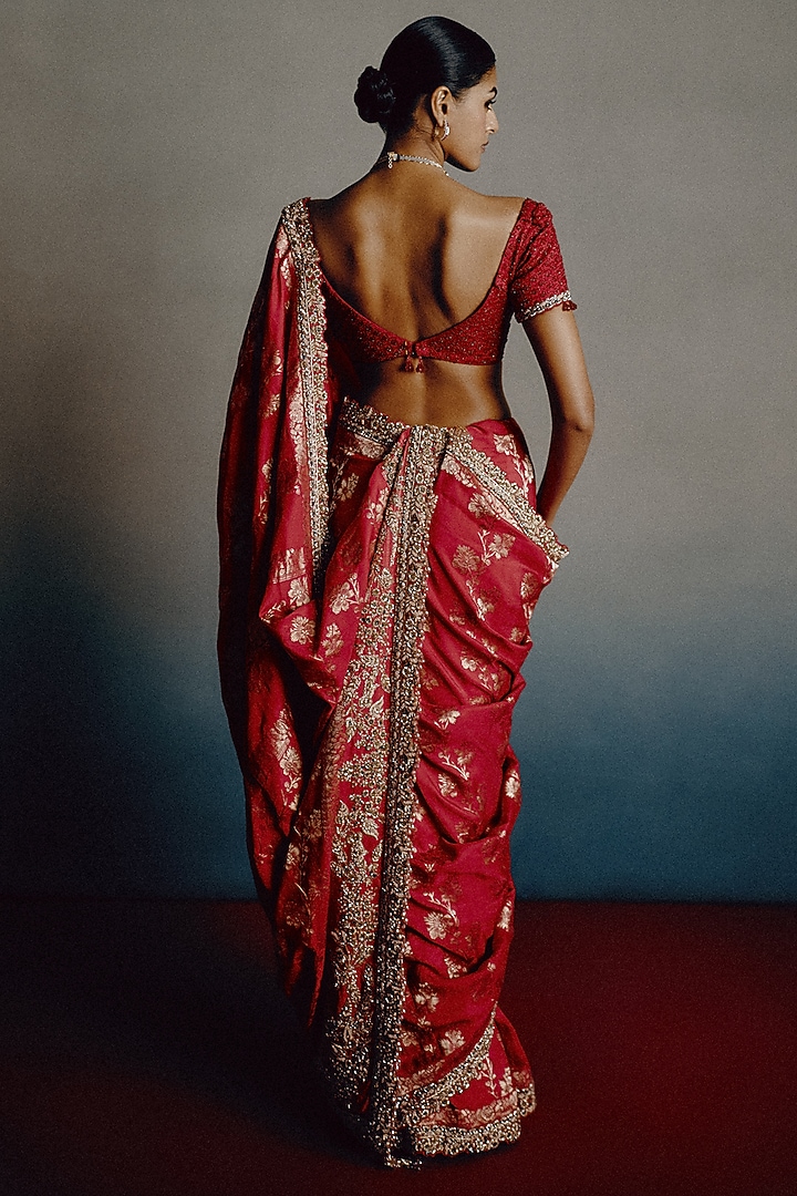 Blood Red Banarasi Silk Hand Embroidered Bridal Saree Set by Dolly J at Pernia's Pop Up Shop