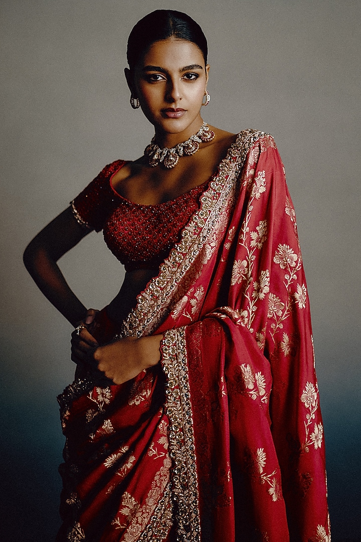Blood Red Banarasi Silk Hand Embroidered Bridal Saree Set by Dolly J at Pernia's Pop Up Shop