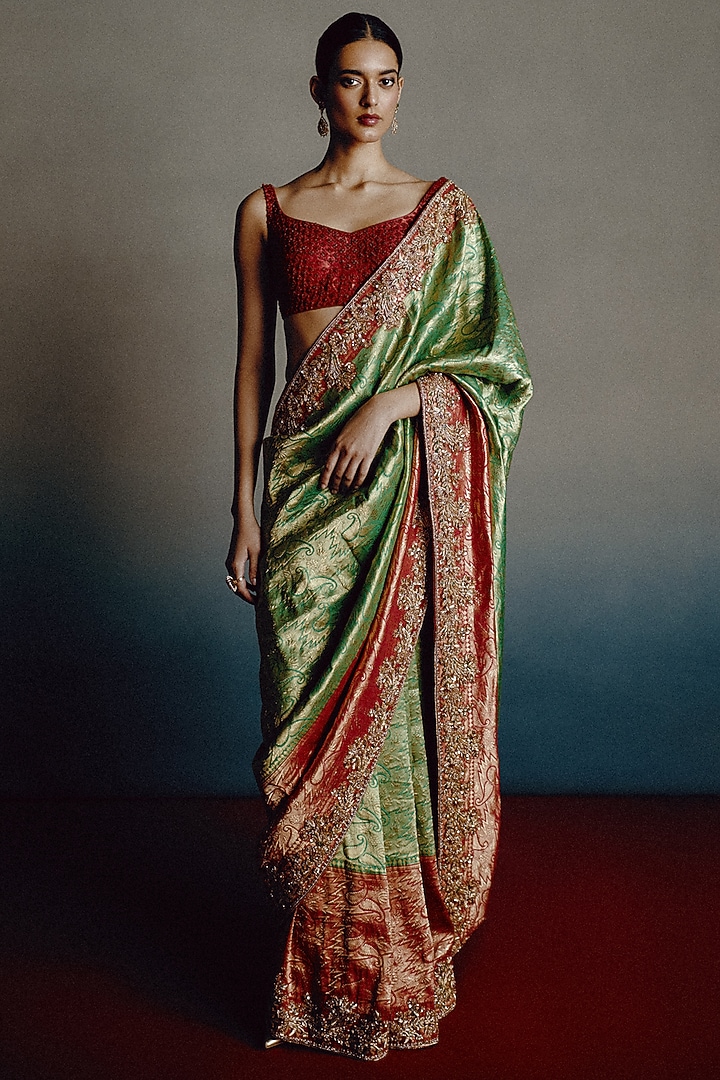 Green & Red Banarasi Silk Zari Embroidered Bridal Saree Set by Dolly J at Pernia's Pop Up Shop