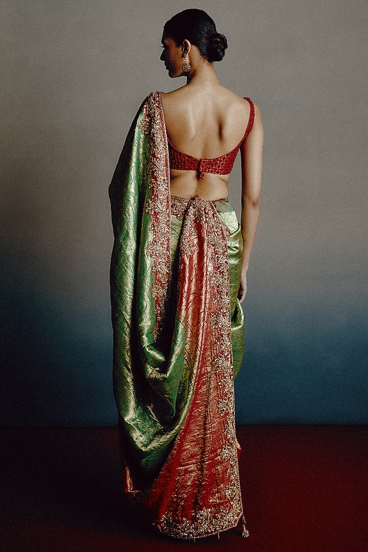 Green & Red Banarasi Silk Zari Embroidered Bridal Saree Set by Dolly J at Pernia's Pop Up Shop