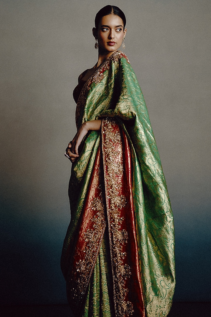 Green & Red Banarasi Silk Zari Embroidered Bridal Saree Set by Dolly J at Pernia's Pop Up Shop
