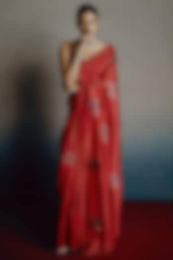 Crimson Red Pure Banarasi Silk Motif Embellished Reception Saree Set by Dolly J at Pernia's Pop Up Shop