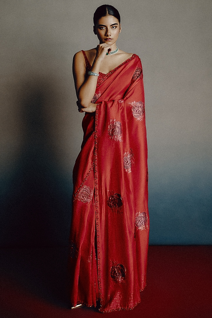 Crimson Red Pure Banarasi Silk Motif Embellished Reception Saree Set by Dolly J at Pernia's Pop Up Shop