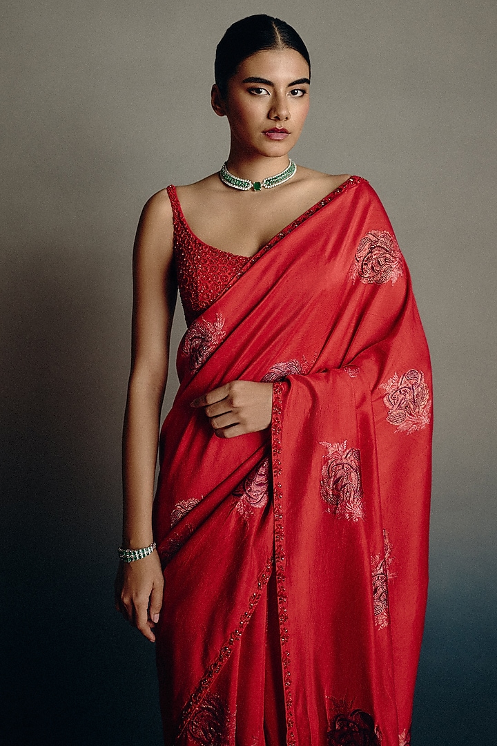 Crimson Red Pure Banarasi Silk Motif Embellished Reception Saree Set by Dolly J at Pernia's Pop Up Shop