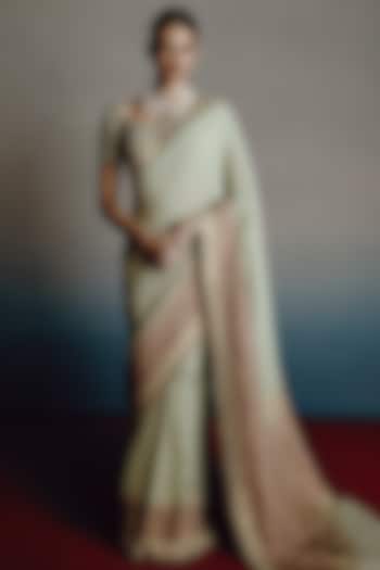 Pistachio Green Georgette Resham Embroidered Reception Saree Set by Dolly J at Pernia's Pop Up Shop