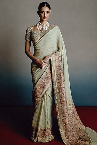 Pistachio Green Georgette Resham Embroidered Saree Set by Dolly J