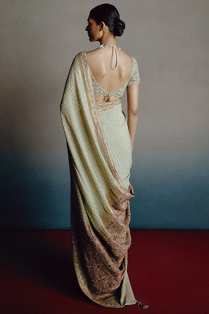 Pistachio Green Georgette Resham Embroidered Reception Saree Set by Dolly J at Pernia's Pop Up Shop