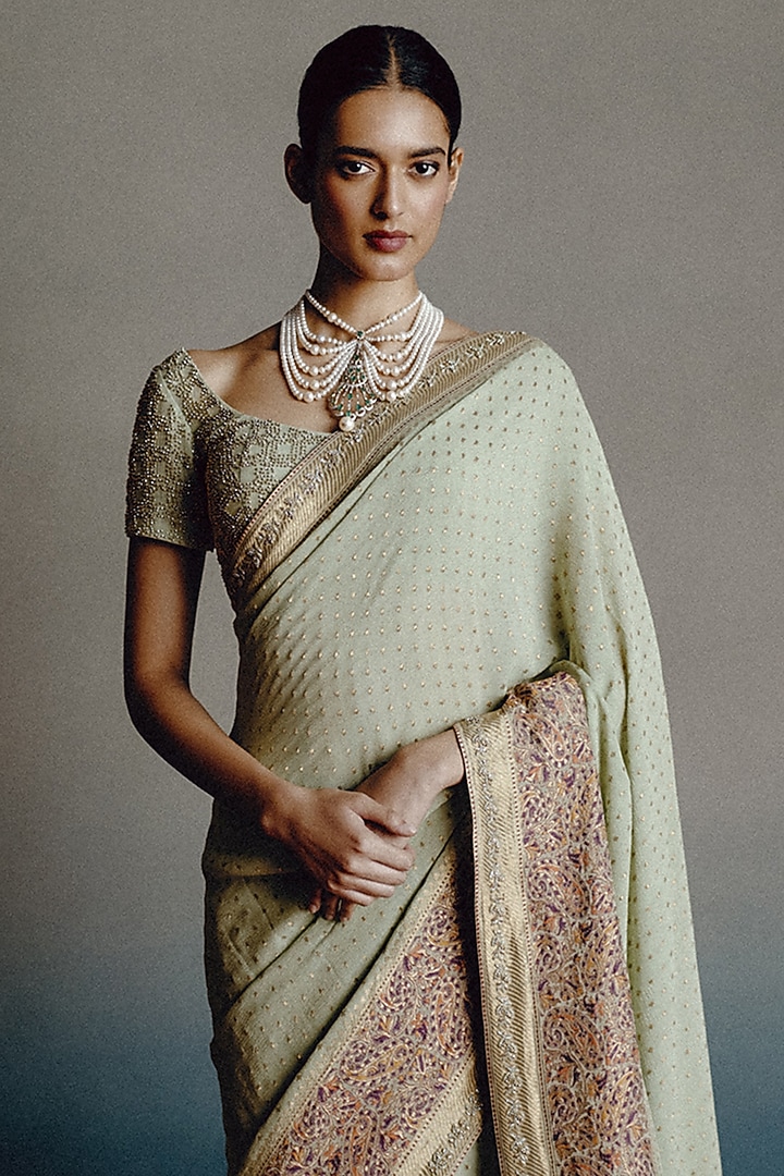 Pistachio Green Georgette Resham Embroidered Reception Saree Set by Dolly J at Pernia's Pop Up Shop