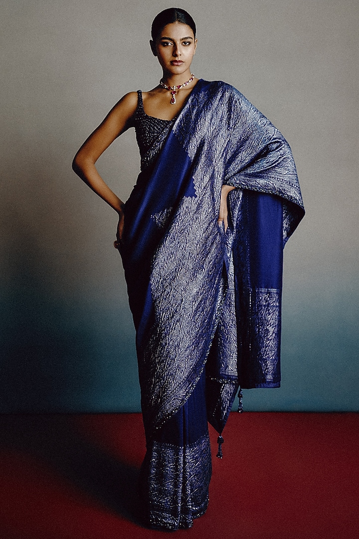 Indigo Banarasi Silk Zari Embellished Reception Saree Set by Dolly J at Pernia's Pop Up Shop