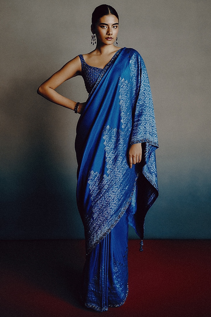 Turquoise Blue Banarasi Silk Zari Embellished Reception Saree Set by Dolly J at Pernia's Pop Up Shop