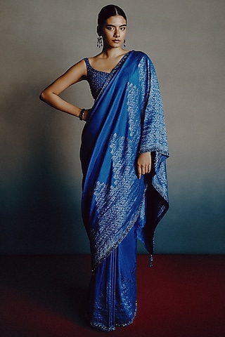 Turquoise Blue Banarasi Silk Zari Embellished Saree Set by Dolly J