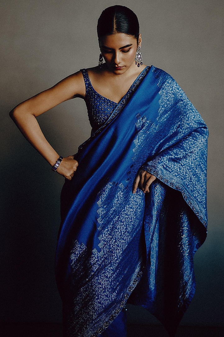 Turquoise Blue Banarasi Silk Zari Embellished Reception Saree Set by Dolly J at Pernia's Pop Up Shop