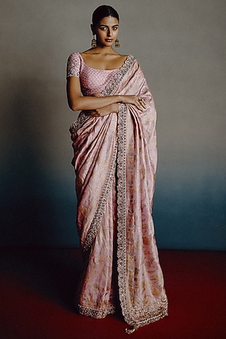 Baby Pink Banarasi Silk Motif Embellished Saree Set by Dolly J
