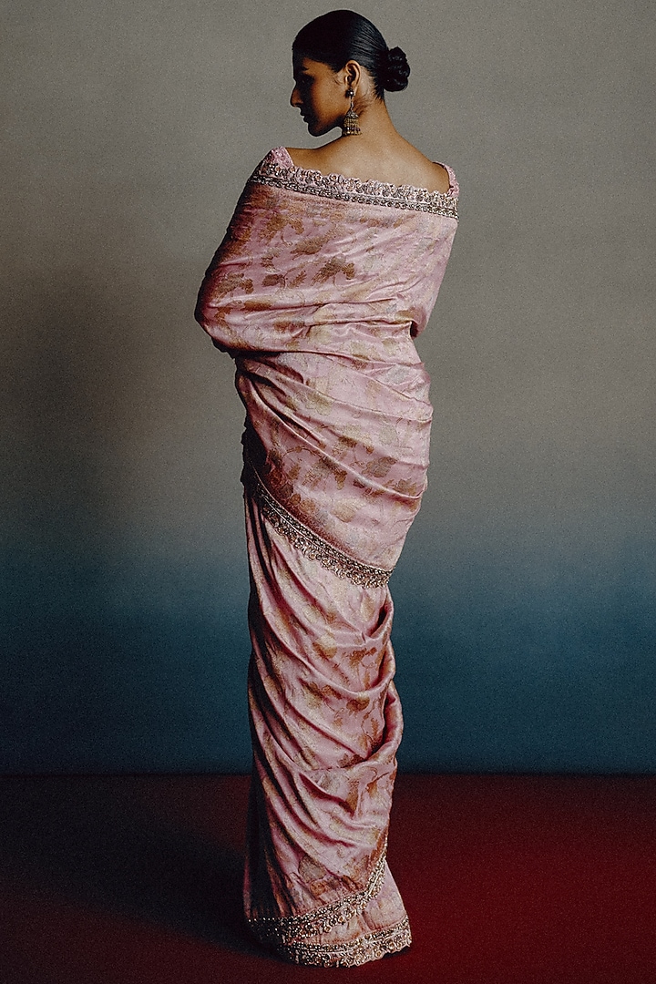 Baby Pink Banarasi Silk Motif Embellished Bridal Saree Set by Dolly J at Pernia's Pop Up Shop