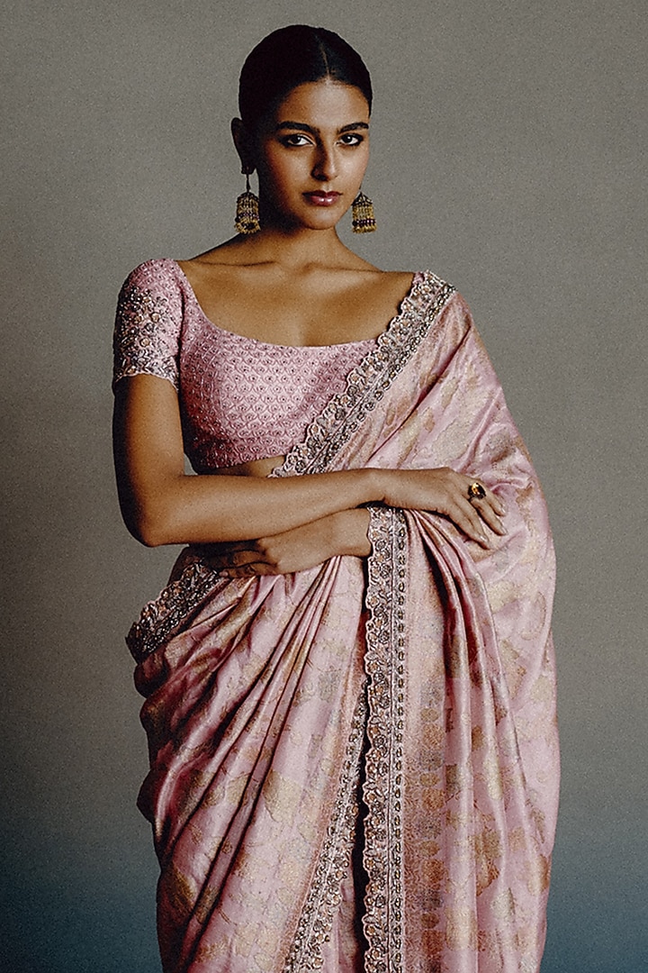 Baby Pink Banarasi Silk Motif Embellished Bridal Saree Set by Dolly J at Pernia's Pop Up Shop