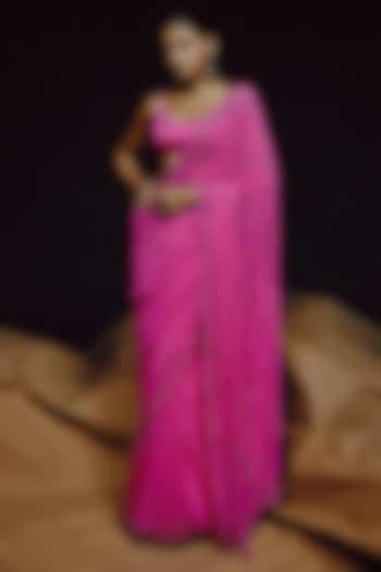 Electric Pink Georgette Hand Embroidered Reception Saree Set by Dolly J at Pernia's Pop Up Shop