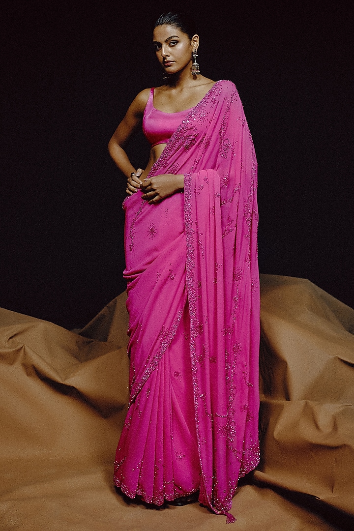 Electric Pink Georgette Hand Embroidered Reception Saree Set by Dolly J at Pernia's Pop Up Shop