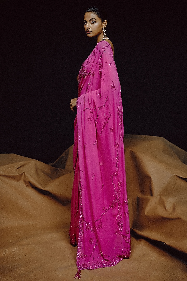 Electric Pink Georgette Hand Embroidered Reception Saree Set by Dolly J at Pernia's Pop Up Shop