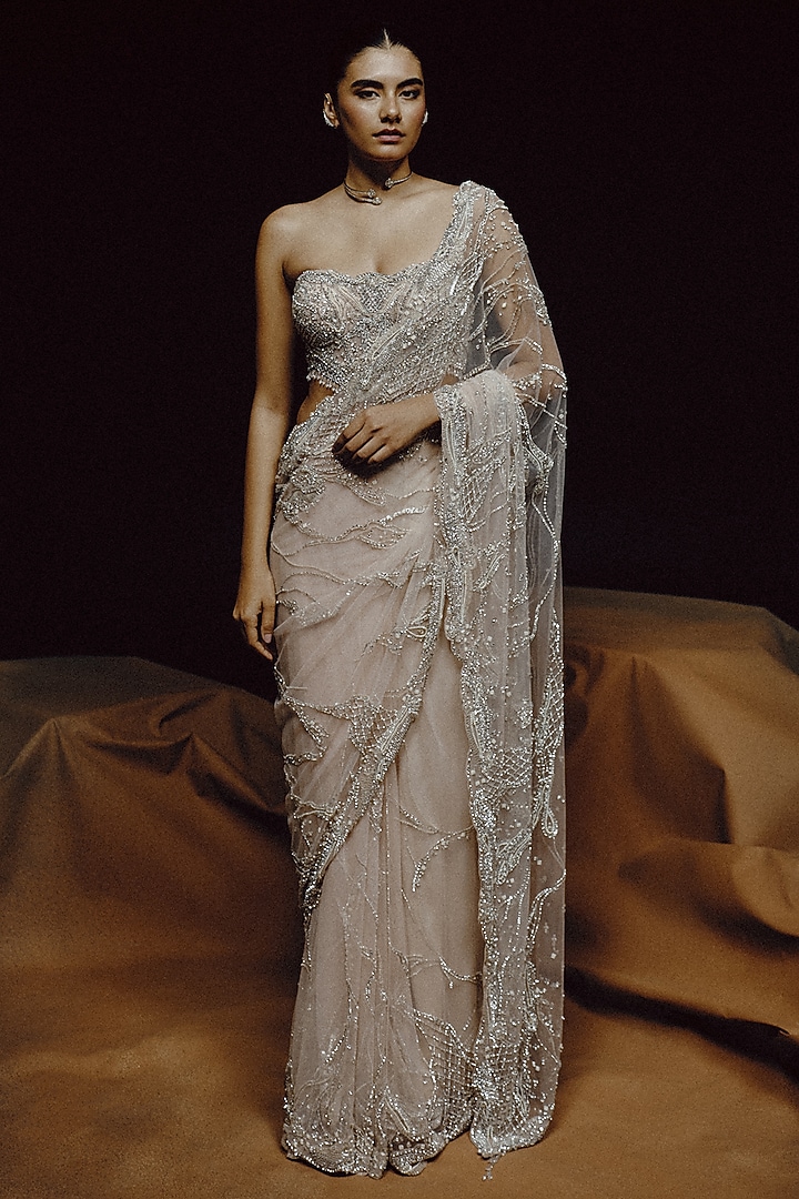 Pearl Blush Pink Tulle Sequin Hand Embroidered Bridal Saree Set by Dolly J at Pernia's Pop Up Shop