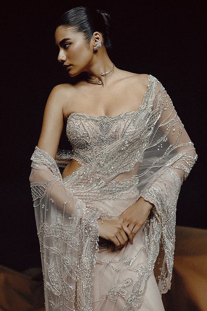 Pearl Blush Pink Tulle Sequin Hand Embroidered Bridal Saree Set by Dolly J at Pernia's Pop Up Shop