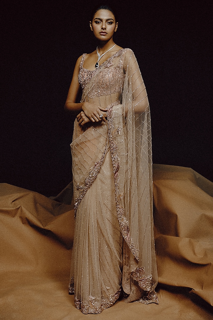 Champagne Tulle & Net Sequin Hand Embellished Bridal Saree Set by Dolly J at Pernia's Pop Up Shop