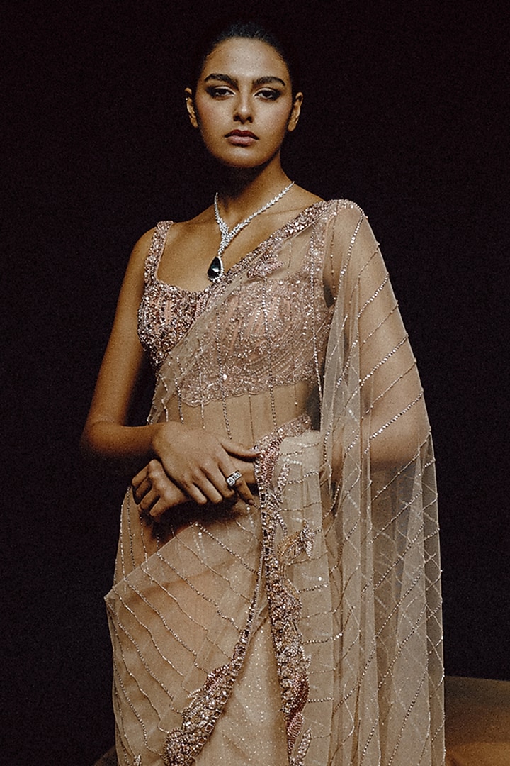 Champagne Tulle & Net Sequin Hand Embellished Bridal Saree Set by Dolly J at Pernia's Pop Up Shop