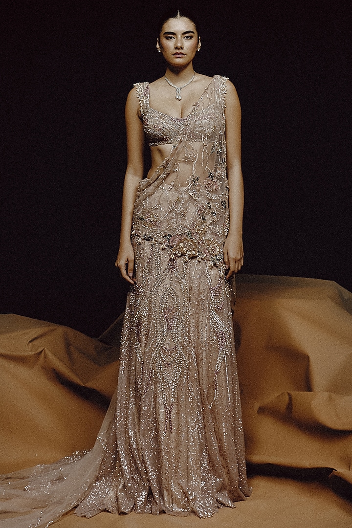 Silver Tulle Crystal Hand Embroidered Draped Skirt Bridal Saree Set by Dolly J at Pernia's Pop Up Shop