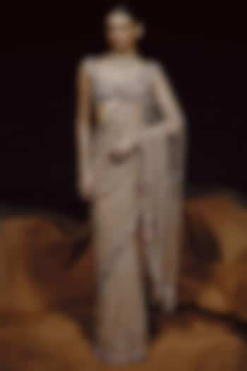 Nude Tulle & Net Sequin Hand Embroidered Bridal Saree Set by Dolly J at Pernia's Pop Up Shop