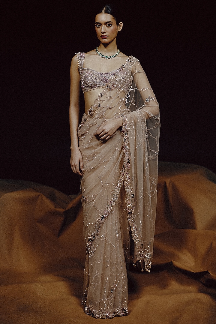 Nude Tulle & Net Sequin Hand Embroidered Bridal Saree Set by Dolly J at Pernia's Pop Up Shop