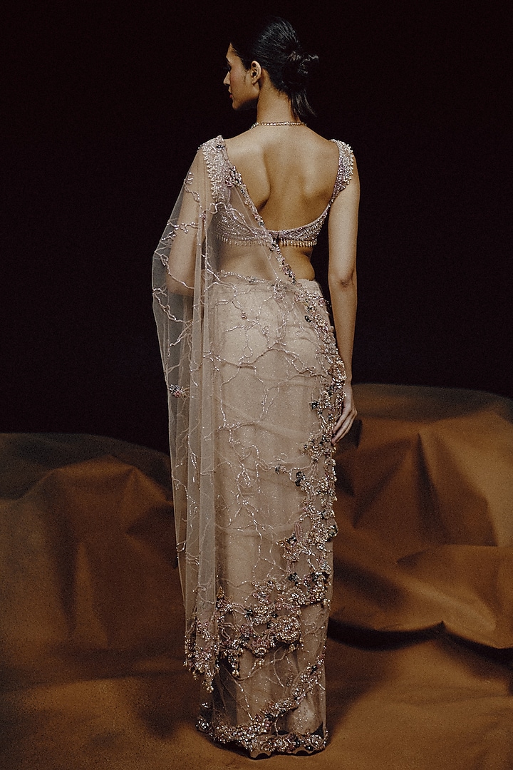 Nude Tulle & Net Sequin Hand Embroidered Bridal Saree Set by Dolly J at Pernia's Pop Up Shop