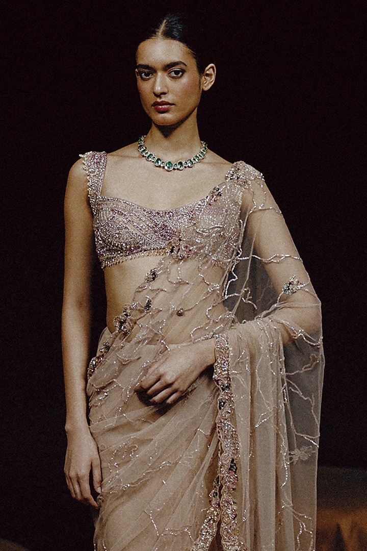 Nude Tulle & Net Sequin Hand Embroidered Bridal Saree Set by Dolly J at Pernia's Pop Up Shop