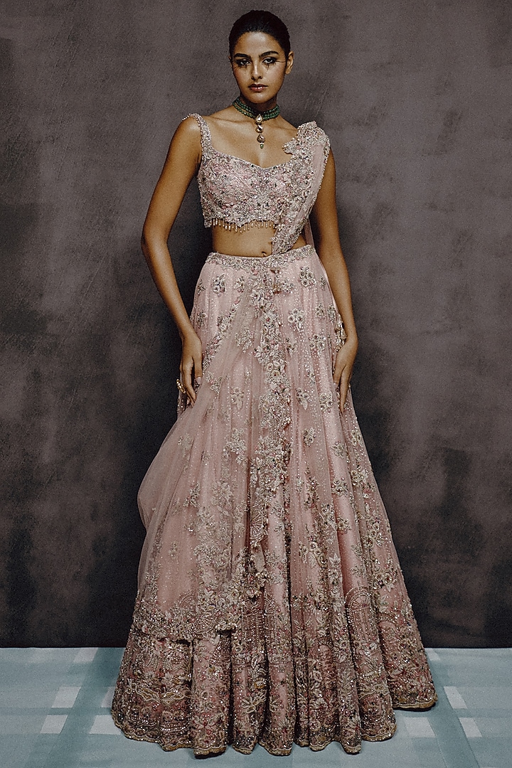 Baby Pink Tulle Sequin Hand Embroidered Bridal Lehenga Set by Dolly J at Pernia's Pop Up Shop
