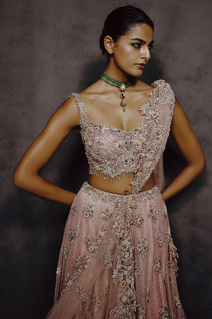 Baby Pink Tulle Sequin Hand Embroidered Bridal Lehenga Set by Dolly J at Pernia's Pop Up Shop