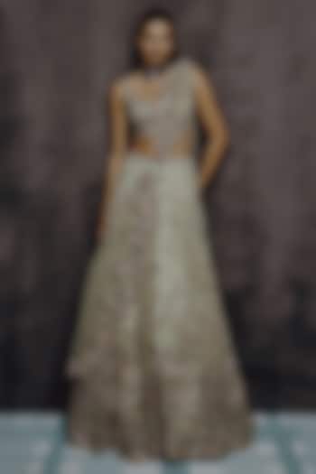 Sage Green Tulle 3D Floral Applique Embroidered Bridal Lehenga Set by Dolly J at Pernia's Pop Up Shop