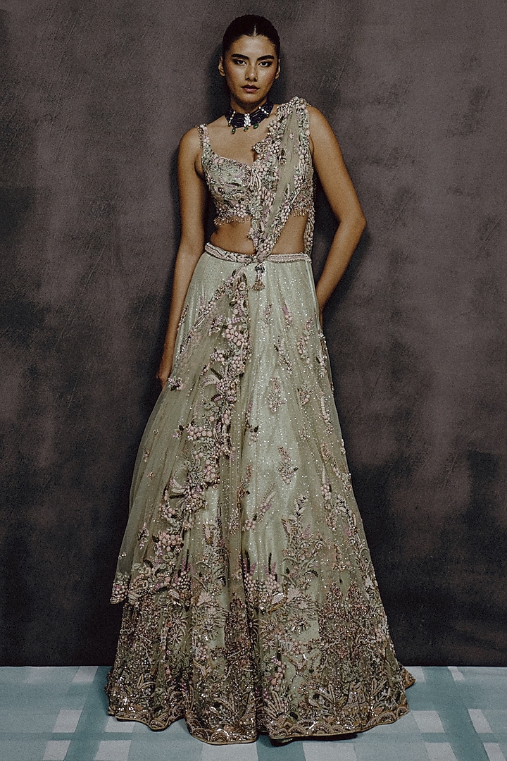 Sage Green Tulle 3D Floral Applique Embroidered Bridal Lehenga Set by Dolly J at Pernia's Pop Up Shop