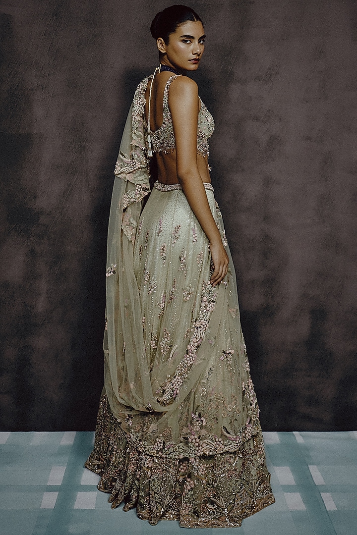 Sage Green Tulle 3D Floral Applique Embroidered Bridal Lehenga Set by Dolly J at Pernia's Pop Up Shop