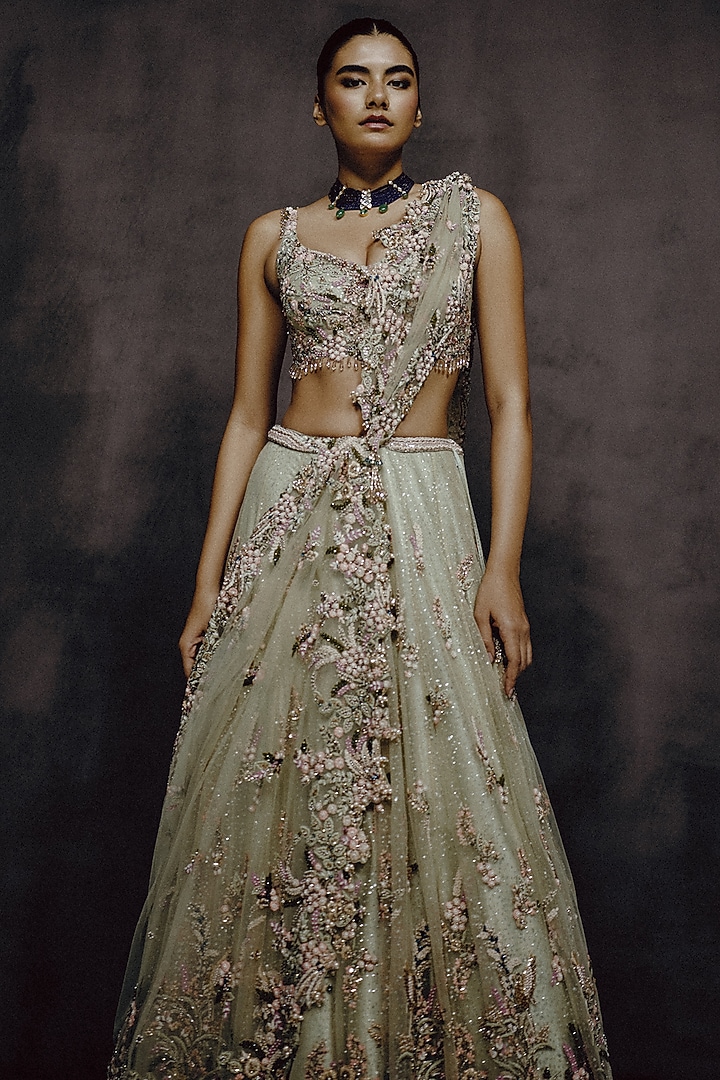 Sage Green Tulle 3D Floral Applique Embroidered Bridal Lehenga Set by Dolly J at Pernia's Pop Up Shop