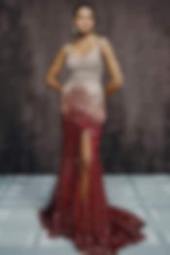 Red & Silver Ombre Tulle Sequin Embroidered Bridal Gown by Dolly J at Pernia's Pop Up Shop