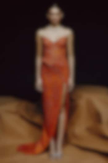 Orange Tulle Sequin Hand Embroidered Bridal Gown by Dolly J at Pernia's Pop Up Shop