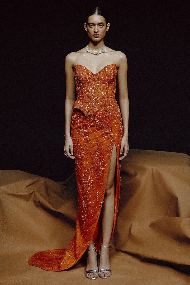Orange Tulle Sequin Hand Embroidered Bridal Gown by Dolly J at Pernia's Pop Up Shop