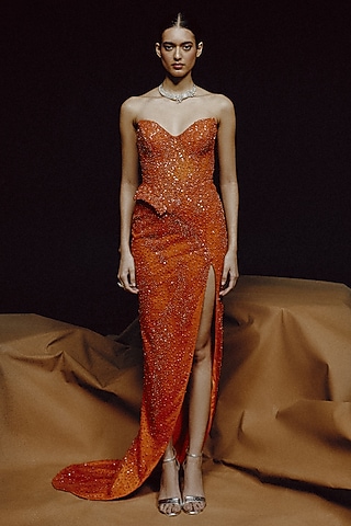Orange Tulle Sequin Hand Embroidered Gown by Dolly J