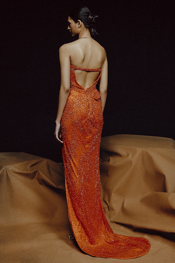 Orange Tulle Sequin Hand Embroidered Wedding Gown by Dolly J at Pernia's Pop Up Shop